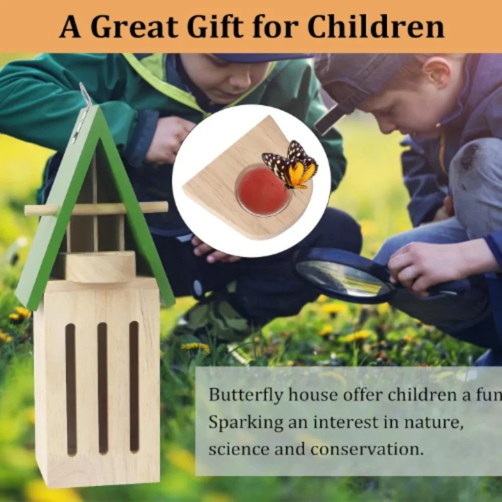 Wooden Butterfly House w/ Feeder - Wildlife World Butterfly Shelter Hotel